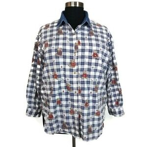 Button Down Plaid Bear Print 100% Cotton Blouse Woman's Sz 22